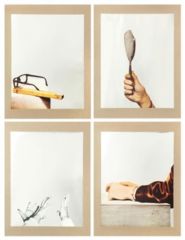 Cartella di 4 tavole: I Michelangelo Pistoletto "Gli occhiali e il metro"; II "Mani di Bimbo"; III "Mano con specchio"; IV "Il braccio". Tavole in fototipia 50x70 cm ogni foto.